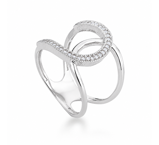 Anel em X sobreposto liso e zirconia cristal, prata. 340995