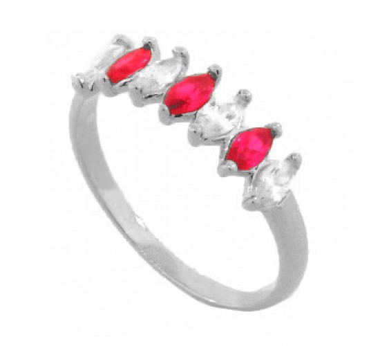 Anel 7 navetes intercalados cristal e vermelho, prata. 341059
