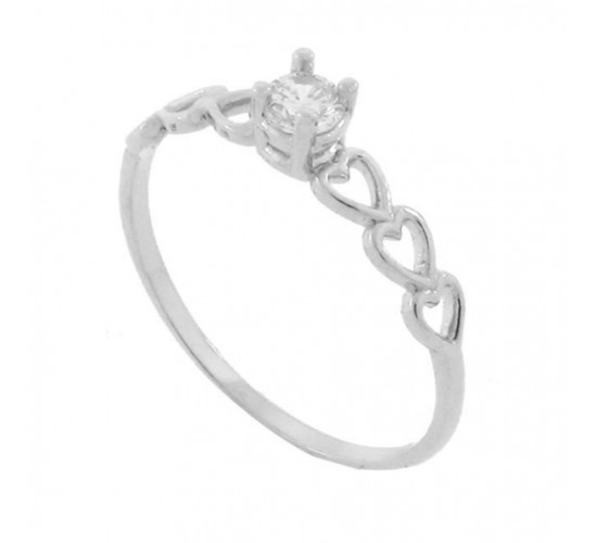 Anel solitario zirconia 3,5mm cristal lateral de coracao, prata.341067