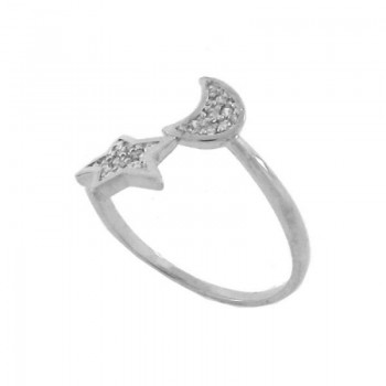 Anel estrela e lua zirconia cristal nas pontas, prata. 341075