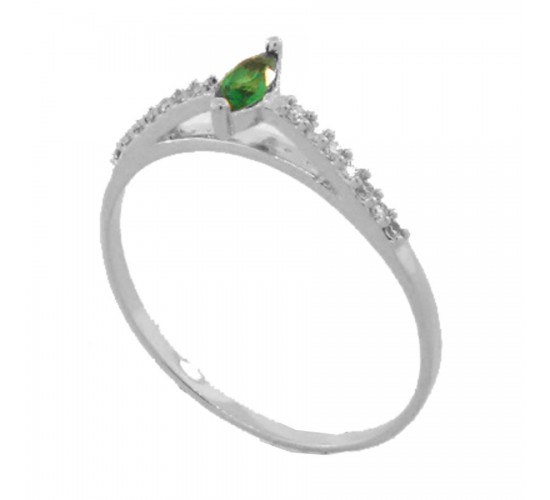 Anel solitario navete verde esmeralda 6mm zirconia cristal nas laterais, prata. 341119