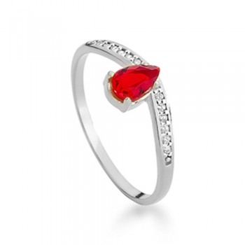Anel solitario gota zirconia vermelha rubi, prata. 341123