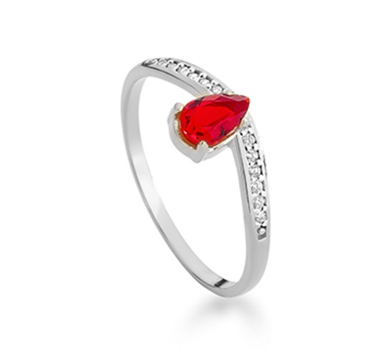 Anel solitario gota zirconia vermelha rubi, prata. 341123