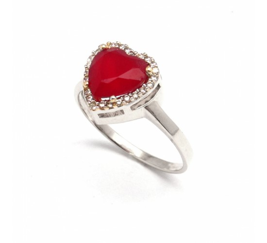 Anel coracao pedra maior vermelha rubi com zirconia cristal em volta, Prata. 341150
