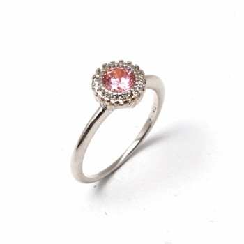 Anel chuveiro redondo pedra maior rosa claro com zirconia cristal em volta, prata. 341181