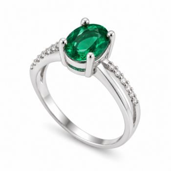 Anel solitario oval verde esmeralda zirconia cristal nas laterais, prata. 341184