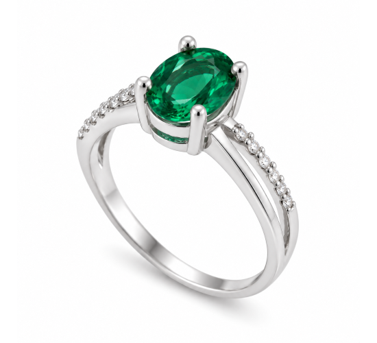 Anel solitario oval verde esmeralda zirconia cristal nas laterais, prata. 341184