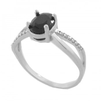 Anel solitario oval preto zirconia cristal nas laterais, prata. 341185