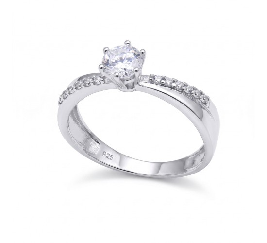 Anel solitario zirconia cristal 5mm aro liso e zirconia cristal, prata. 341219