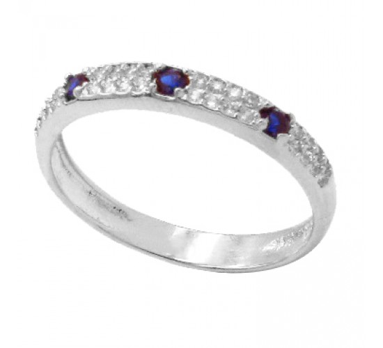 Anel meia alianca zirconia cristal com 4 zirconias azul, Prata. 341223