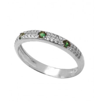 Anel meia alianca zirconia cristal com 4 zirconias verde, Prata. 341224