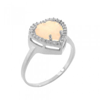 Anel coracao pedra maior rosa leitoso com zirconia cristal em volta, Prata. 341229