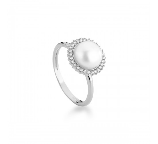 Anel perola com zirconia cristal em volta, Prata.  341339