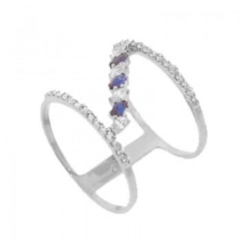 Anel fino vazado com aro zirconia cristal, navete azul safira e cristal intercalado, prata. 341350