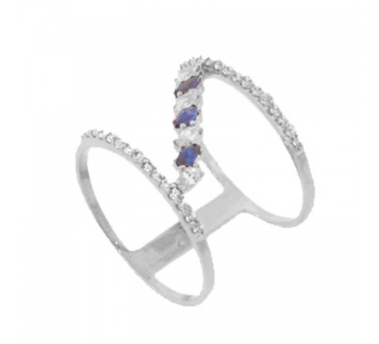 Anel fino vazado com aro zirconia cristal, navete azul safira e cristal intercalado, prata. 341350