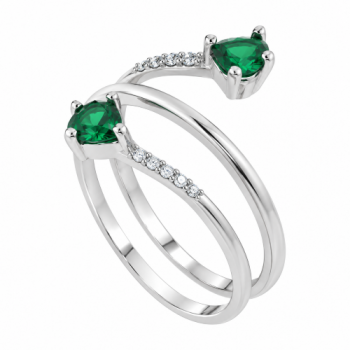 Anel espiral zirconia cristal com coracao zirconia verde nas pontas, prata. 341358