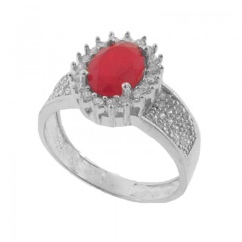 Anel oval pedra maior vermelho rubi com zirconia cristal em volta e nas laterais, Prata. 341381
