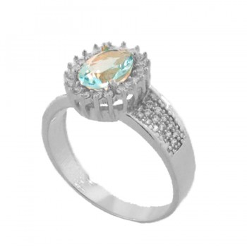 Anel oval agua marinha com zirconia cristal nas laterais, Prata. 341383