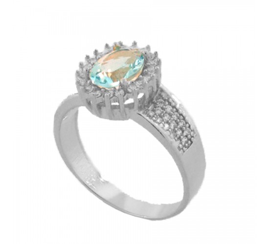 Anel oval agua marinha com zirconia cristal nas laterais, Prata. 341383