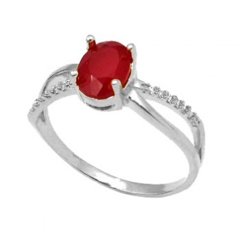 Anel solitario vermelho rubi zirconia cristal nas laterais, prata. 341398