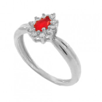 Anel gota pequena zirconia vermelho rubi no centro e cristal em volta, prata. 341414