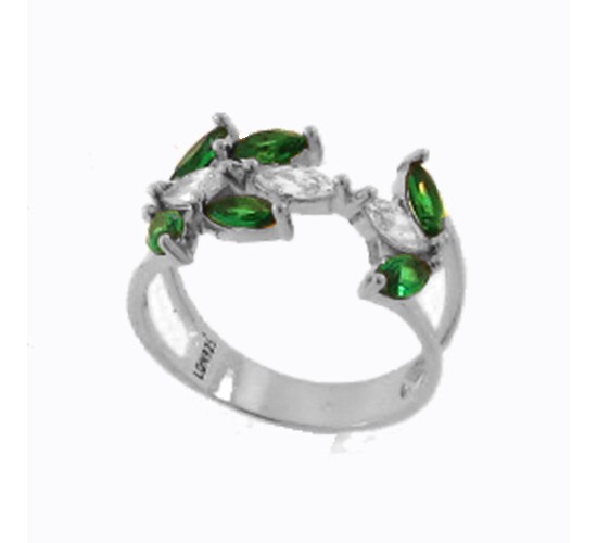 Anel 9 navetes, cristal no centro e verde nas latearis, prata. 341422