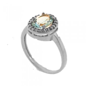 Anel oval pedra maior azul agua marinha com zirconia cristal em volta, Prata. 341465