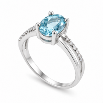 Anel solitario oval azul agua marinha zirconia cristal nas laterais, prata. 341466