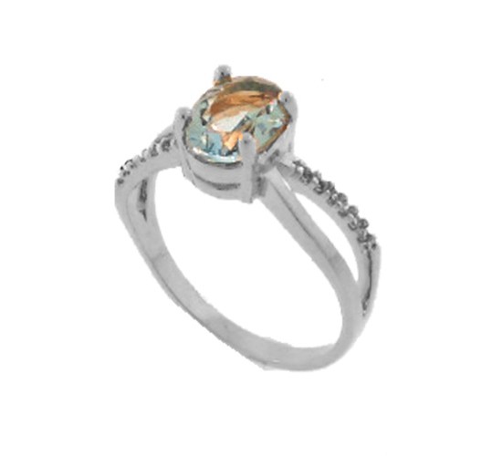 Anel solitario oval azul agua marinha zirconia cristal nas laterais, prata. 341466