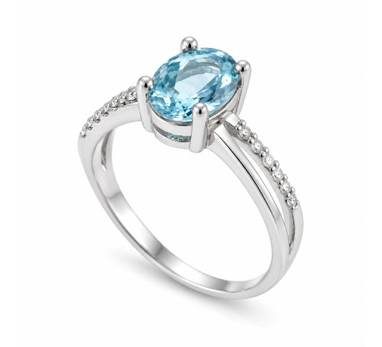 Anel solitario oval azul agua marinha zirconia cristal nas laterais, prata. 341466