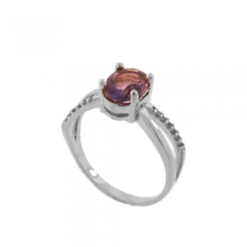 Anel solitario oval ametista zirconia cristal nas laterais, prata. 341467