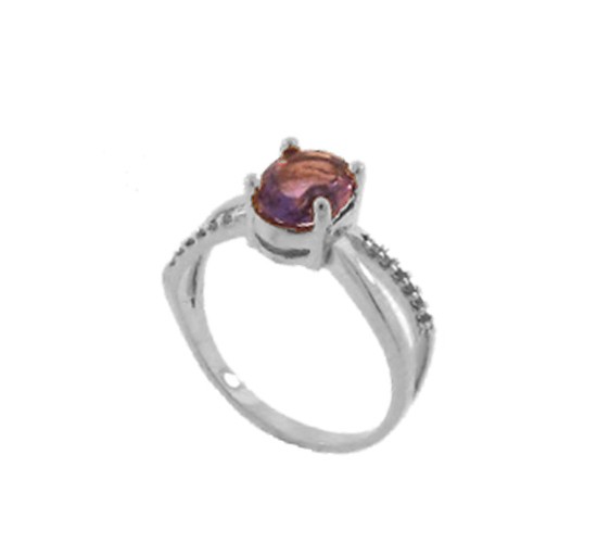 Anel solitario oval ametista zirconia cristal nas laterais, prata. 341467