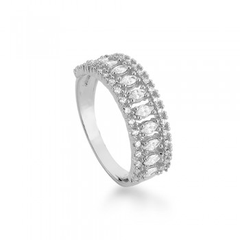 Anel meia alianca zirconia cristal e navete cristal, prata. 341480