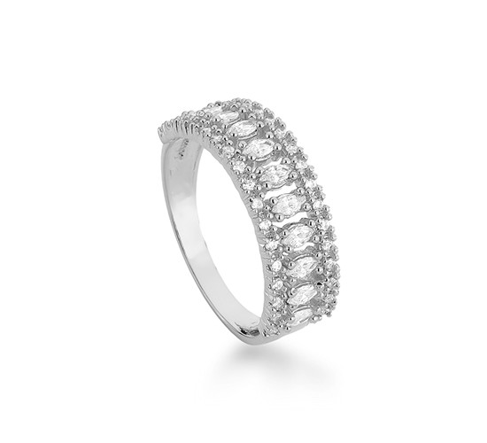 Anel meia alianca zirconia cristal e navete cristal, prata. 341480