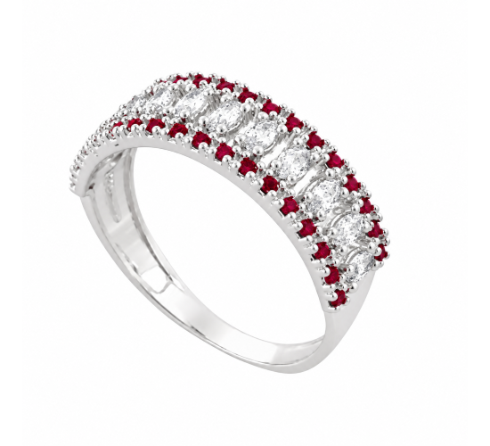 Anel meia alianca zirconia vermelha e navete cristal, prata. 341483