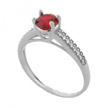 Anel solitario vermelho rubi 5mm zirconia cristal nas laterais, prata. 341493
