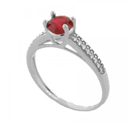 Anel solitario vermelho rubi 5mm zirconia cristal nas laterais, prata. 341493
