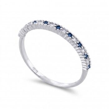 Anel meia aliança fina zirconia cristal e azul safira intercalada, prata. 3415052