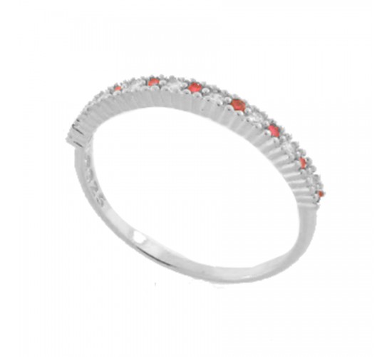 Anel meia aliança fina zirconia cristal e vermelho rubi intercalada, prata. 3415059