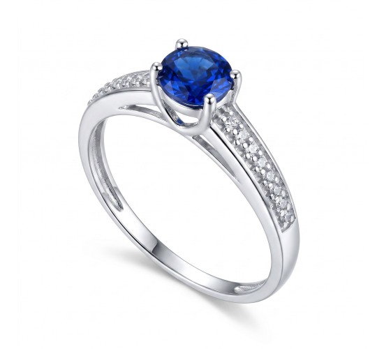 Anel solitartio azul safira 5mm zirconia cristal nas laterais, prata. 341509