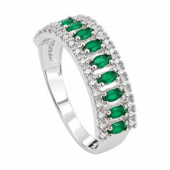 Anel meia alianca navete verde esmeralda e zirconia branca nas laterais, prata. 3415178