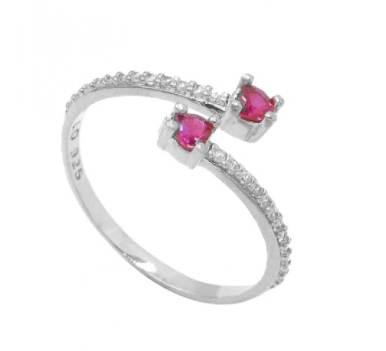 Anel volta zirconia branca e coracao vermelho rubi nas pontas, prata. 3415229