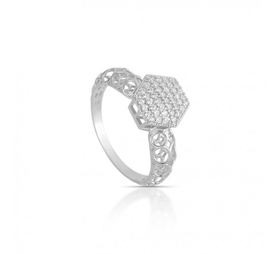 Anel chuveiro sextavado 10mm zirconia cristal, todo vazado na lateral, Prata. 3415420