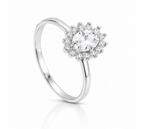 Anel solitario oval zirconia maior cristal, em volta cristal, prata. 3430040