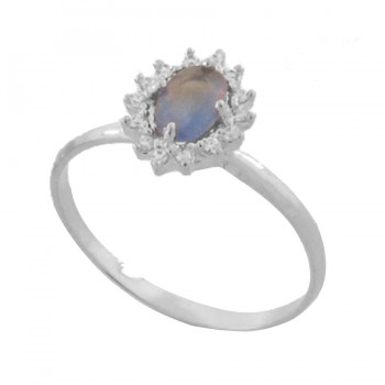 Anel pedra maior oval zirconia azul, zirconia cristal em volta, 0,90mm, prata. 3430042