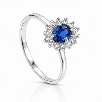 Anel pedra maior oval zirconia azul, zirconia cristal em volta, 0,90mm, prata. 3430042