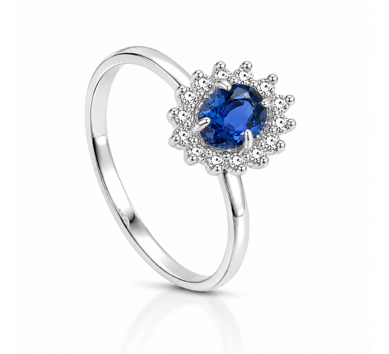 Anel pedra maior oval zirconia azul, zirconia cristal em volta, 0,90mm, prata. 3430042