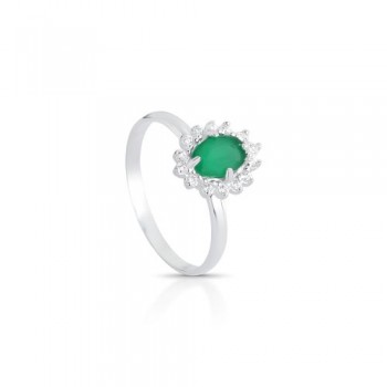 Anel pedra maior oval verde esmeralda, zirconia cristal em volta, 0,90mm, prata. 3430048