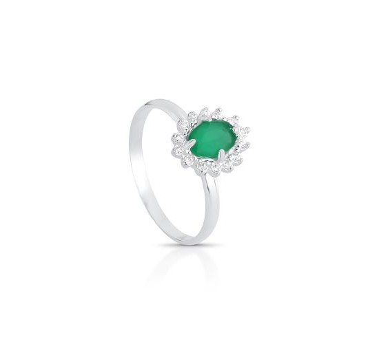 Anel pedra maior oval verde esmeralda, zirconia cristal em volta, 0,90mm, prata. 3430048
