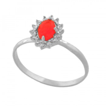 Anel pedra maior oval vermelho rubi, zirconia cristal em volta, 0,90mm, prata 3430049